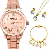 relogio feminino aco rose banhado + pulseira + colar brincos ajustavel casual social delicado pingente presente strass