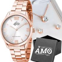 Relogio feminino aço rose + caixa + colar + pulseira