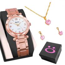 relogio feminino aço rose + caixa + colar strass garantia ajustavel qualidade premium social rosa