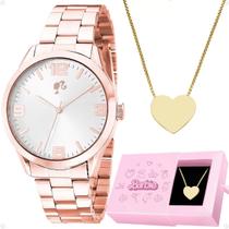 relogio feminino aço rose + colar barbie coração + caixa inoxidavel original casual moda social rose edição limitada