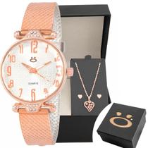 Relogio feminino aço rose + colar coração brinco caixa banhado social presente original ponteiro qualidade premium