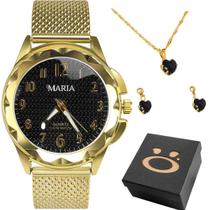 Relógio Feminino Analógico à Prova dÁgua Kit Luxo com Acessórios Dourados Strass Preto Caixa Sofisticada