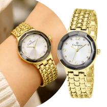 Relógio Feminino Analógico de Pulso Dourado com Caixa e Pulseira de Aço Inoxidável à Prova D Água Luxo Fashion Casual Social Champion