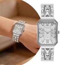Relógio Feminino Analógico de Pulso Prata à Prova D Água com Pedras Quadrado Luxo Fashion Casual e Social Technos