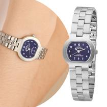 Relógio Feminino Analógico de Pulso Prata e Azul com Pulseira e Caixa de Aço Inoxidável Mini Pequeno Delicado Luxo Elegante Fashion Cosmos