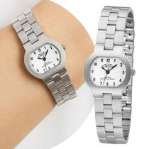 Relógio Feminino Analógico de Pulso Prata e Branco com Pulseira e Caixa de Aço Inoxidável Mini Pequeno Delicado Luxo Elegante Fashion Cosmos