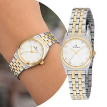 Relógio Feminino Analógico de Pulso Prata e Dourado com Caixa e Pulseira de Aço Inoxidável à Prova D Água Bicolor Pequeno Casual Social Champion