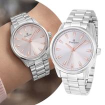 Relógio Feminino Analógico de Pulso Prata Rosé com Caixa e Pulseira de Aço Inoxidável à Prova D Água Luxo Fashion Elegante Casual Social Champion