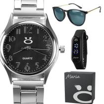 Relógio Feminino Analógico em Aço Inoxidável + Óculos de Sol + Relógio Digital Preto+ Caixa Presente