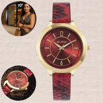 Relógio Feminino Analógico Redondo Quartz Euro Resistente Água Fashion Pulseira Animal Print Vermelho Casual Dourado EU2035YTM/5R