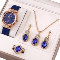 Relógio Feminino Azul Dourado Luxo + Kit Acessórios - Vinkin
