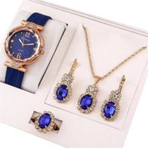 Relógio Feminino Azul Pulseira De Couro Analógico Luxo