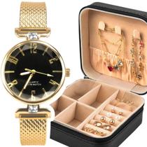 Relogio Feminino Banhado Aço + Brincos + Porta Joia + Colar Relogio Feminino Banhado Aço + Brincos + Porta Joia + Colar