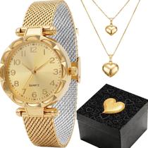 Relogio Feminino Banhado Aço + Colar Duplo Coração presente original qualidade premium social folheado 18k ouro casual