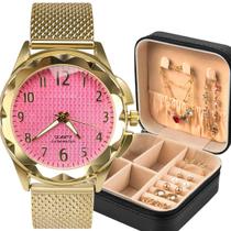 relogio feminino banhado aço + colar + porta joia + brincos prova dagua presente casual original fundo rosa social relogio feminino banhado aço + colar + porta joia + brincos prova dagua presente casual original fundo rosa social