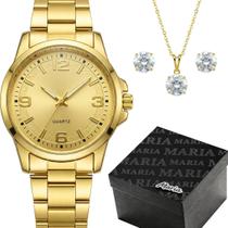 Relogio feminino banhado aço inox + caixa + colar brincos ajustavel 18k qualidade premium inoxidável original folheado
