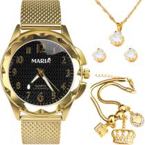 relogio feminino banhado aço inox + colar strass social casual presente inoxidável qualidade premium moda pulseira