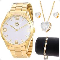 relogio feminino banhado aço inox dourado + colar strass + brincos social pulseira casual presente inoxidável moda