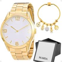 Relógio Feminino Banhado Aço Inox Prova dágua + Pulseira Pandora + Caixa - Orizom Maria