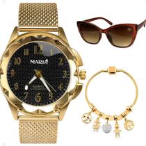 Relogio feminino banhado aço inox + pulseira ajustavel inoxidável social original marrom moda casual qualidade premium