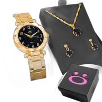 Relógio Feminino Banhado Aço Inoxidável + Colar Strass +