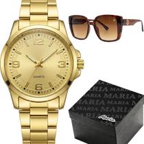 Relogio feminino banhado caixa oculos proteção uv sol casual moda qualidade premium ouro presente resistente original