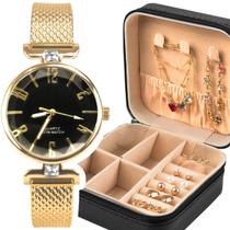 relogio feminino banhado dourado + colar + brincos + porta joia prova dagua original presente fundo preto casual social relogio feminino banhado dourado + colar + brincos + porta joia prova dagua original presente fundo preto casual social