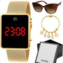 relogio feminino banhado led caixa dourado + pulseira + oculos presente silicone proteção uv qualidade premium casual