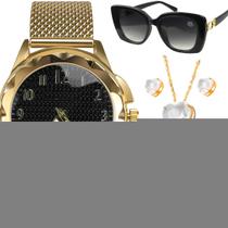 Relogio feminino banhado + oculos sol proteção uv + caixa fundo preto prova dagua casual colar e brincos resistente moda