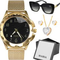 Relogio feminino banhado + oculos sol proteção uv + caixa silicone colar e brincos prova dagua casual fundo preto moda