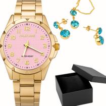 Relógio Feminino Banhado Ouro Luxo Moda Original + Colar + Brincos Relógio Feminino Banhado Ouro Luxo Moda Original + Colar + Brincos