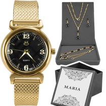 Relógio feminino banhado + pulseira + colar strass silicone casual social moda strass dourado