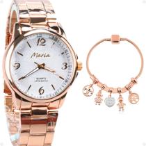 Relogio feminino banhado qualidade premium + pulseira analogico rose casual social original inoxidavel presente