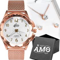 relogio feminino banhado rose aço + colar + pulseira + caixa casual qualidade premium strass social moda inoxidavel