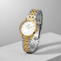 Relógio Feminino Bicolor Elegante Casual Pequeno New Port Dourado Branco