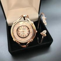 Relógio Feminino Bracelete Rose Gold + Pulseira Love Namorada