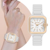 Relógio Feminino Branco e Rosé Quadrado Analógico de Pulso com Pulseira de Silicone à Prova D Água Pequeno Delicado Fashion Luxo Elegante Mormaii