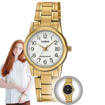 Relógio Feminino Casio Collection Pequeno Redondo Aço Inóx Resistente Água Moderno Casual Dourado LTP-V002G
