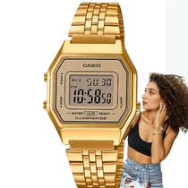 Relógio Feminino Casio Digital Vintage Quadrado Resistente Àgua Aço Inox Quartzo Luxo Casual Dourado LA680WGA-9DF