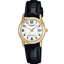 Relógio Feminino Casio Ltp-V002Gl 7Bu Dourado Couro Preto