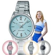 Relógio Feminino Casio Pequeno Pulseira Aço Inoxidável Resistente Água Redondo Analógico Casual Prata LTP-V005D