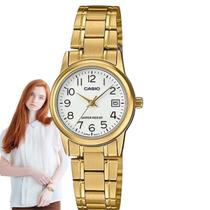 Relógio Feminino Casio Redondo Pequeno Resistente Àgua Aço Inóx Calendário Analógico Casual Dourado LTP-V002G-7B2UDF
