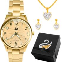 Relógio Feminino Casual Clássico Banhado Ouro 18k Caixa Presente Colar Corrente 45cm Brincos Aço Inox Dourado Kit Sofisticado