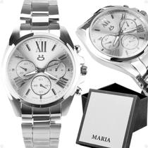 relogio feminino casual inoxidavel aço prata social + caixa ponteiro qualidade premium edição limitada original presente