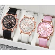 Relógio Feminino Casual Luxo Pulseira material sintético Kit 3 Peças: Rosa, Preto e Branco Relógio Feminino Casual Luxo Pulseira material sintético Kit 3 Peças: Rosa, Preto e Branco