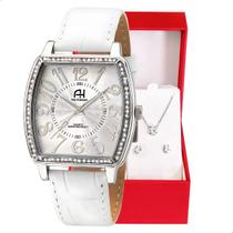Relógio Feminino Champion Ana Hickmann Analógico Couro Branco AH20006Q Kit Colar e Brincos
