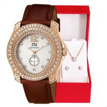 Relógio Feminino Champion Ana Hickmann Couro Marrom Cristais AH28277B Colar e Brincos Relógio Feminino Champion Ana Hickmann Couro Marrom Cristais AH28277B Colar e Brincos