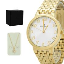 Relogio Feminino Champion Analogico Aço Inoxidavel Dourado Casual Original Com Colar e Brinco Resistente a Agua 1 Ano de Garantia CN20453W