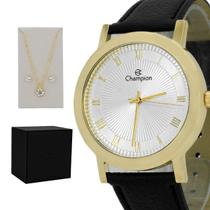 Relogio Feminino Champion Analogico Aço Inoxidavel Dourado Couro Preto Casual Original Com Colar e Brinco Resistente a Agua 1 Ano de Garantia CH22779W
