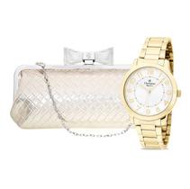 Relógio Feminino Champion Analógico Dourado CN25118G Bolsa Clutch